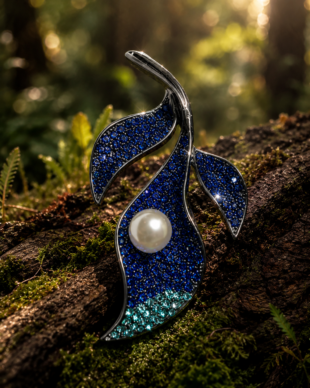 Pearl and Leaf sparkling blue Brooch