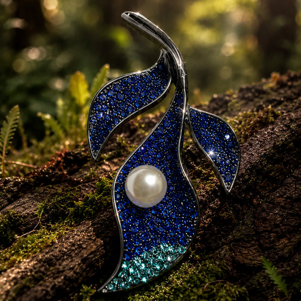 Pearl and Leaf sparkling blue Brooch