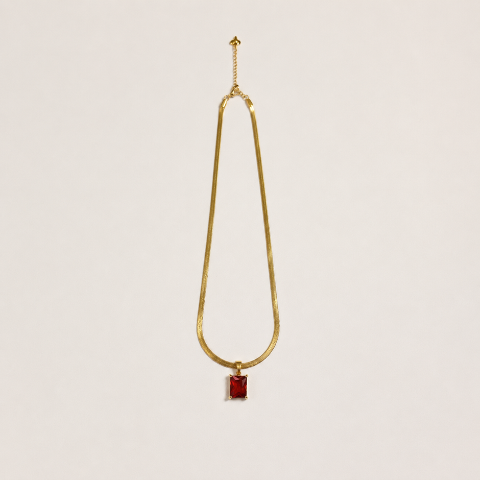 Herringbone Chain Necklace with Red Pendant