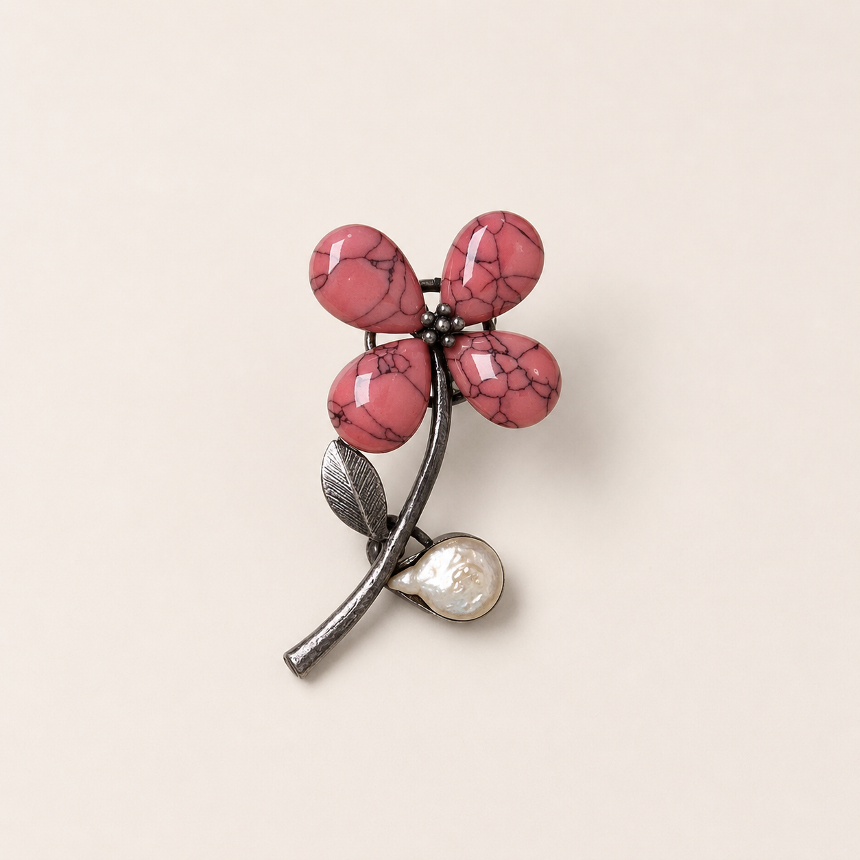 Pink Stone Flower with Pearl Brooch