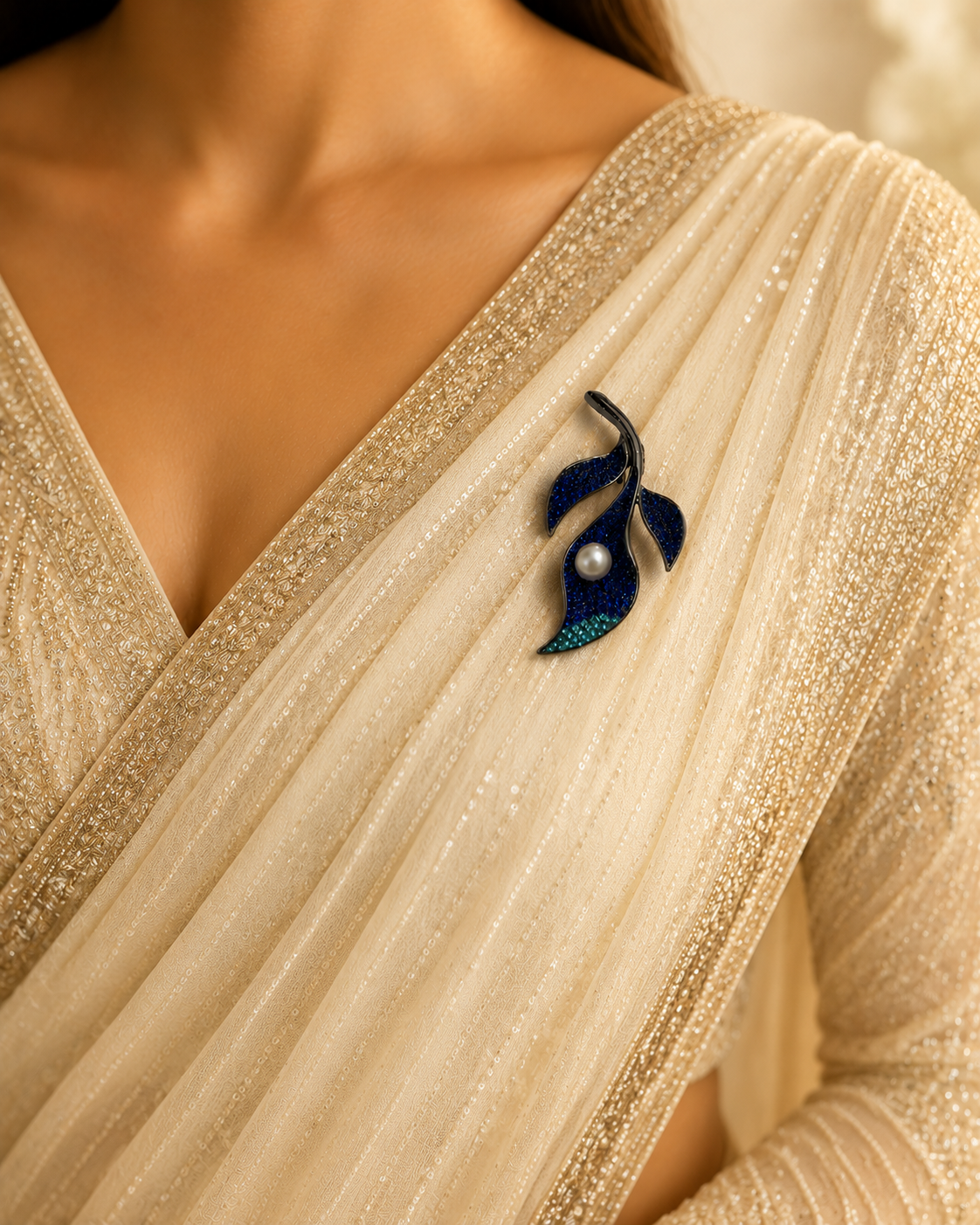 Pearl and Leaf sparkling blue Brooch