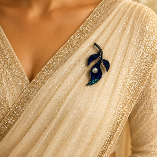 Pearl and Leaf sparkling blue Brooch