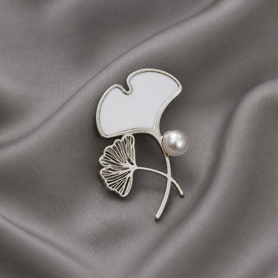 Silver Ginkgo Leaf with Pearl Brooch