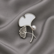 Silver Ginkgo Leaf with Pearl Brooch