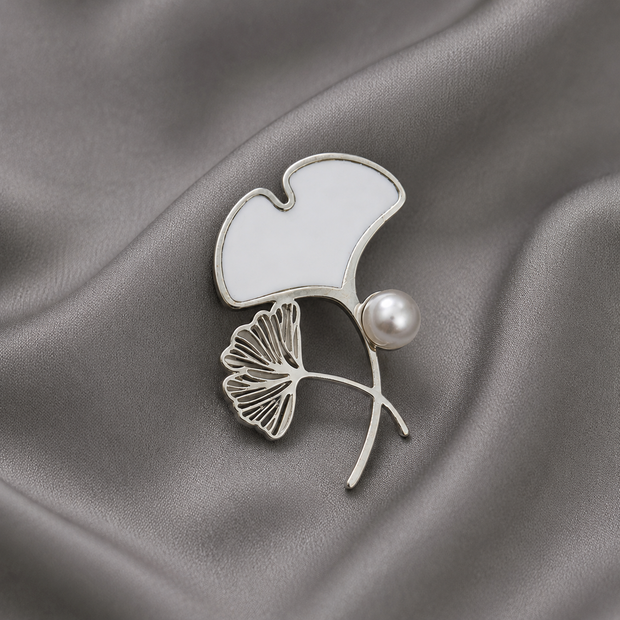 Silver Ginkgo Leaf with Pearl Brooch