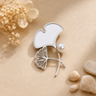 Silver Ginkgo Leaf with Pearl Brooch