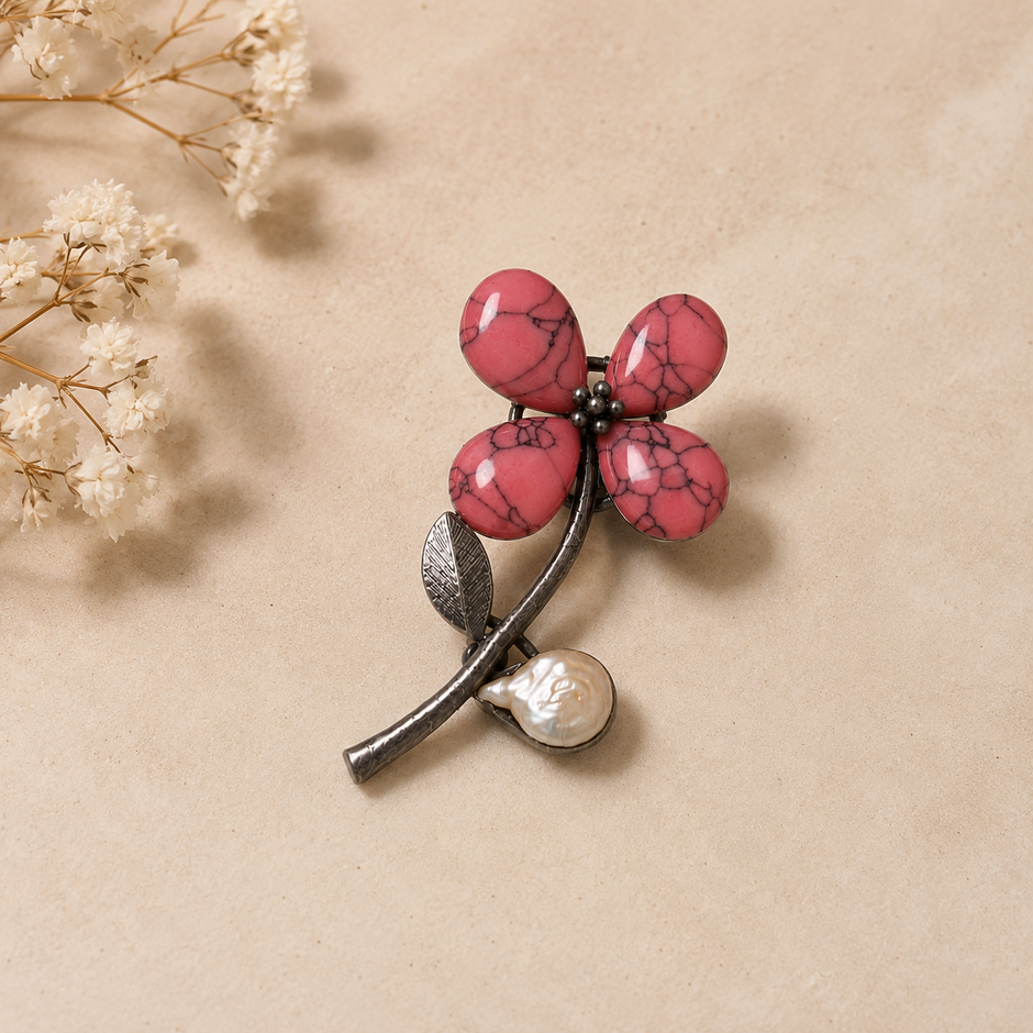 Pink Stone Flower with Pearl Brooch