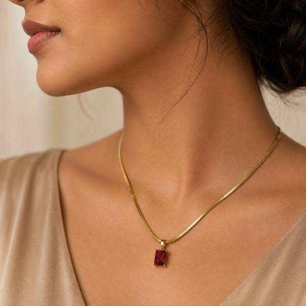 Herringbone Chain Necklace with Red Pendant