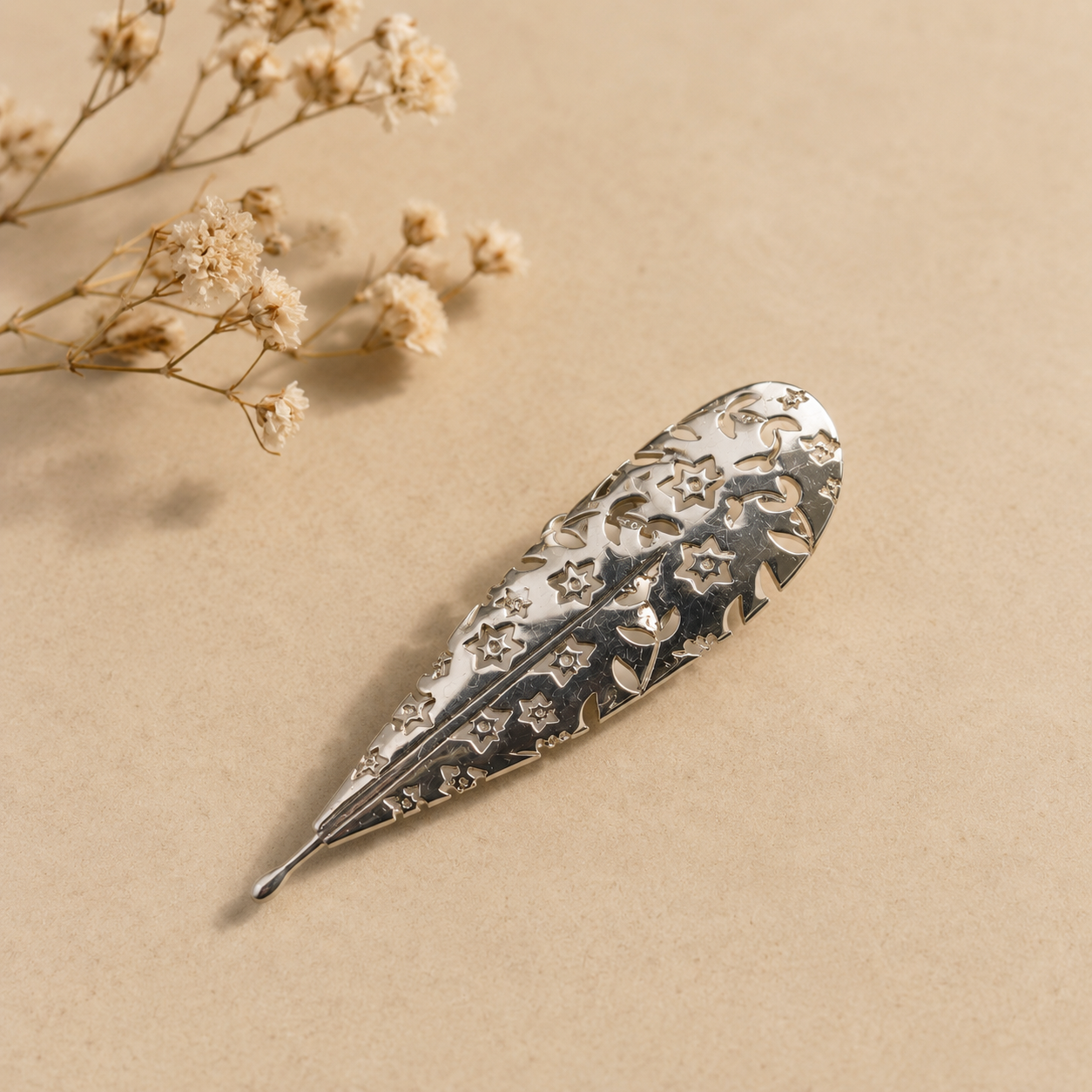 Silver Star & Floral Feather Brooch