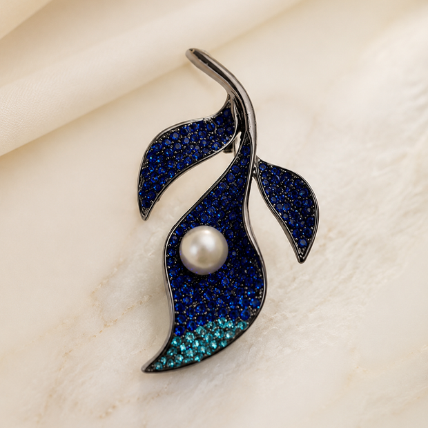 Pearl and Leaf sparkling blue Brooch