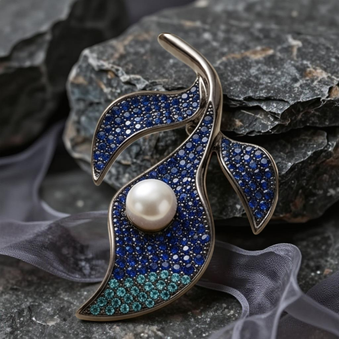 Pearl and Leaf sparkling blue Brooch