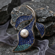 Pearl and Leaf sparkling blue Brooch