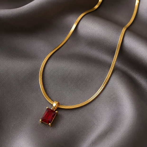 Herringbone Chain Necklace with Red Pendant