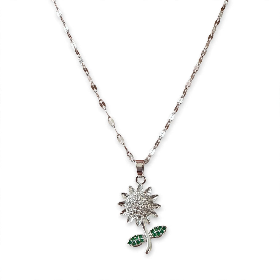 Sunflower Emerald-Leaf Pendant Necklace