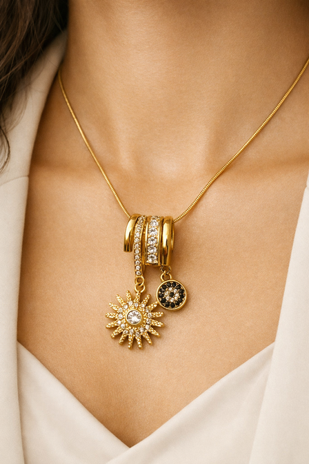Celestial Multi Charm Necklace With Crystal Spiral Slides