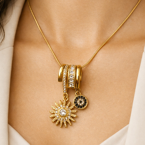 Celestial Multi Charm Necklace With Crystal Spiral Slides