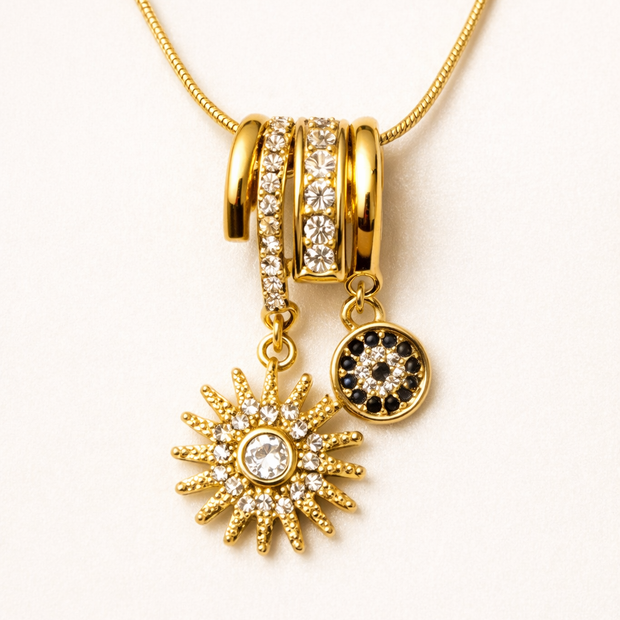 Celestial Multi Charm Necklace With Crystal Spiral Slides