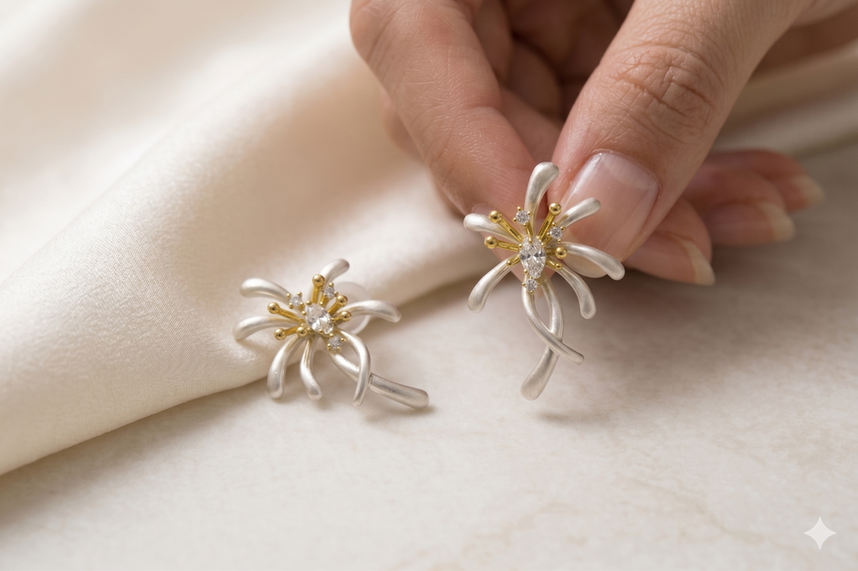 Dual Tone Silver Floral Studs