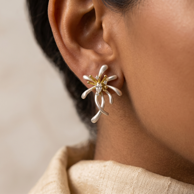 Dual Tone Silver Floral Studs