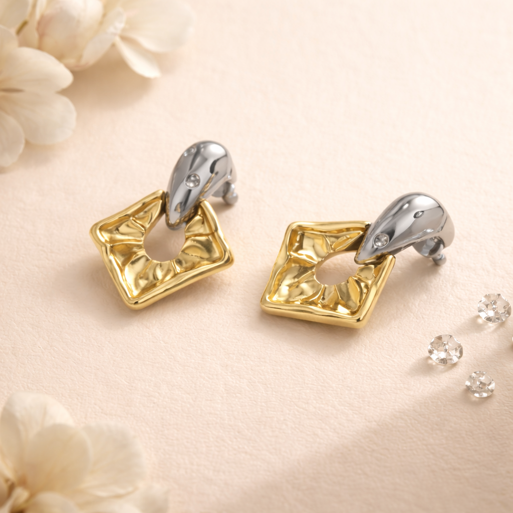Gold Abstract Square Hoops