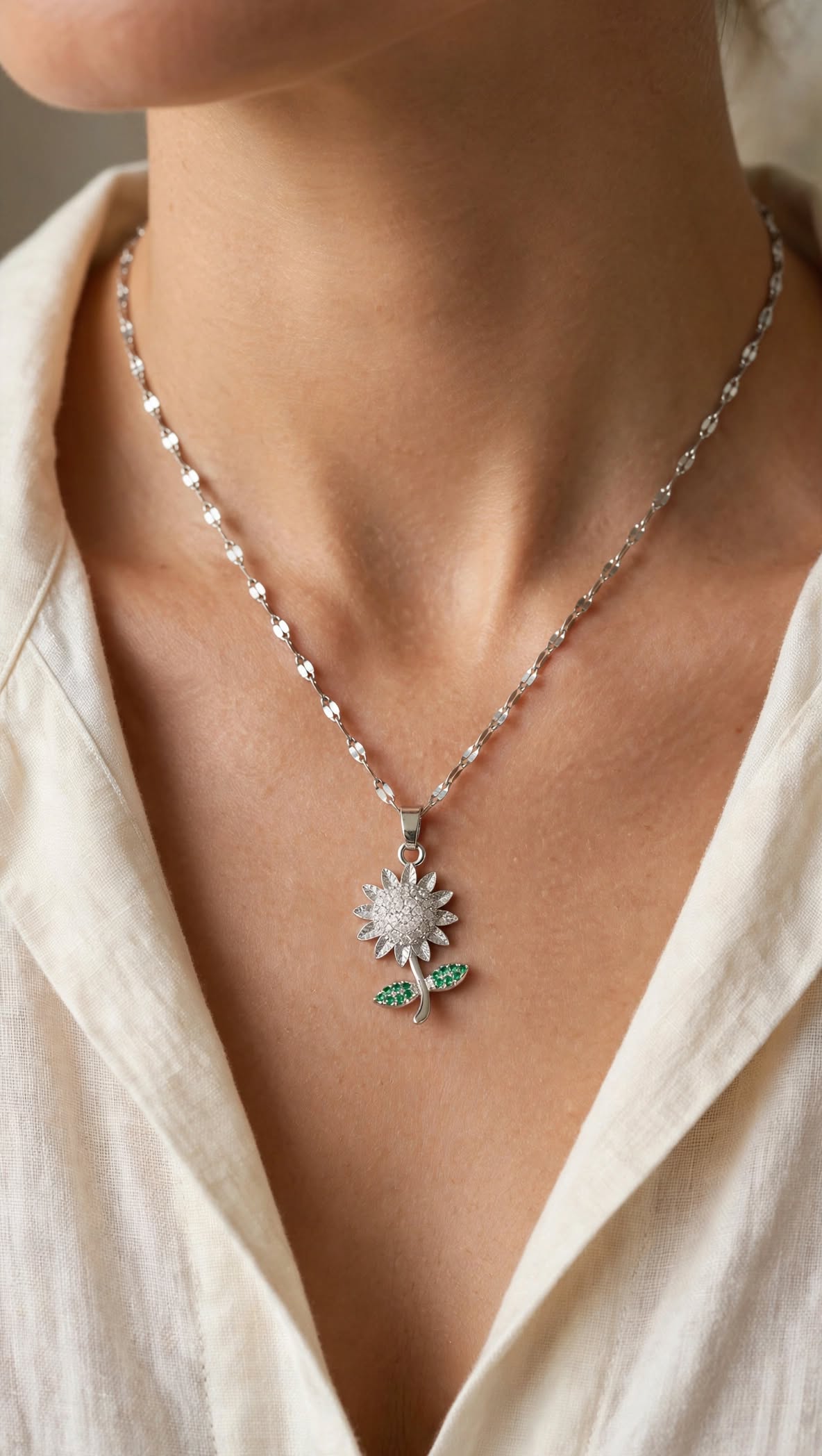 Sunflower Emerald-Leaf Pendant Necklace