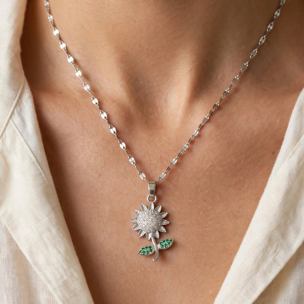 Sunflower Emerald-Leaf Pendant Necklace