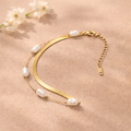 ⁠Gold Pearl & Herringbone Layer Bracelet