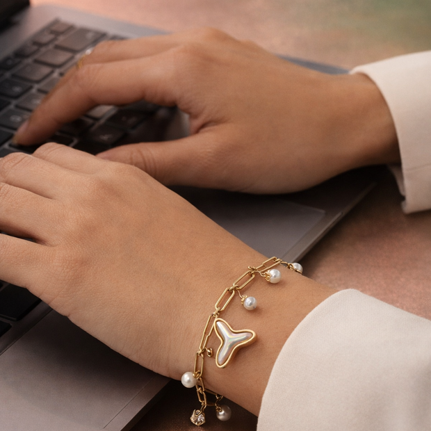 Pearl & Crystal Wishbone Paperclip Bracelet